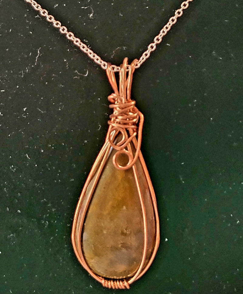 Petrified Wood Pendant Wrapped in Copper Wire