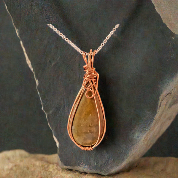 Petrified Wood Pendant Wrapped in Copper Wire